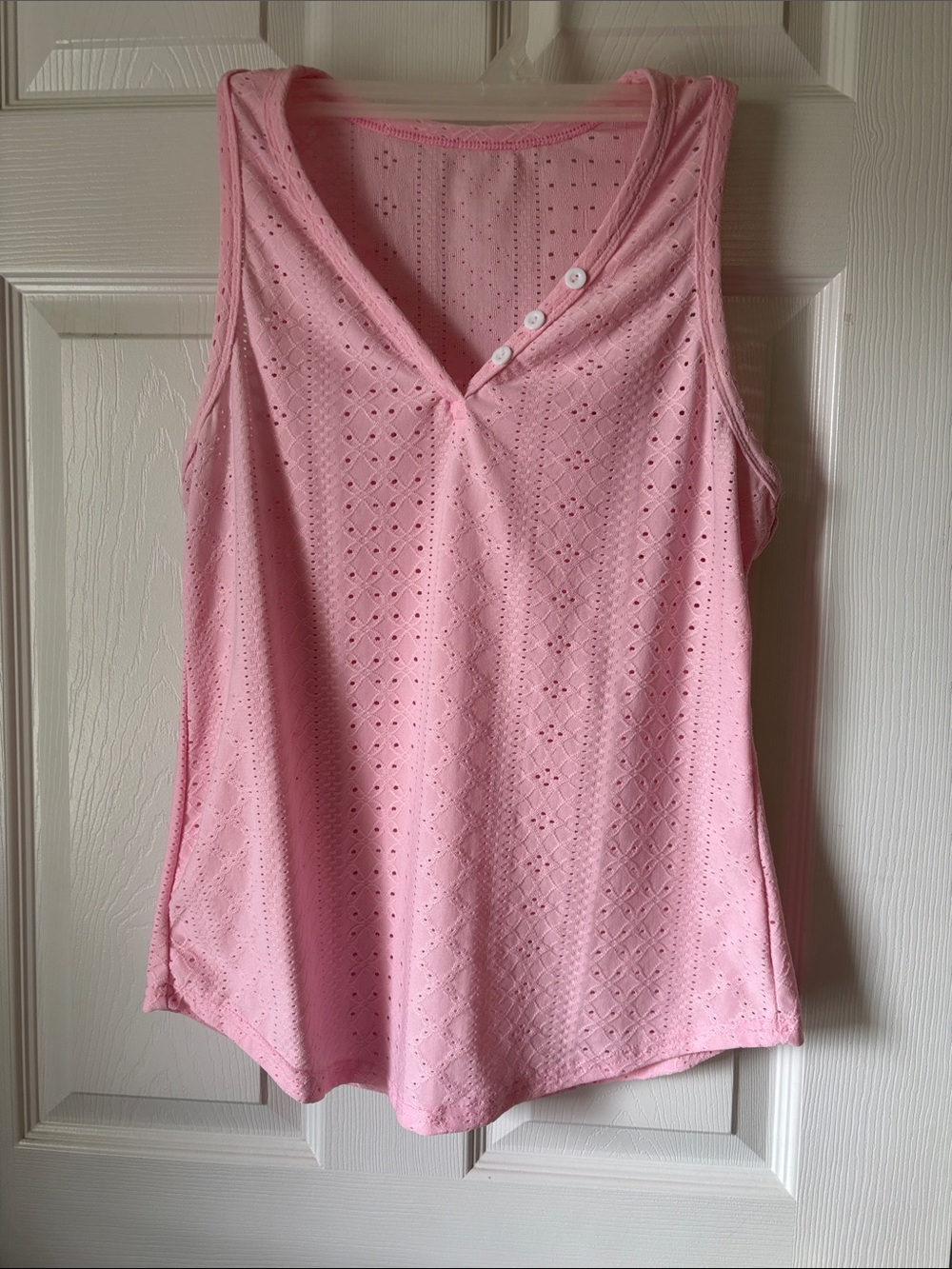soft eyelet light pink V-neck tank (faux button detail)